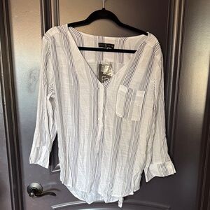 Zara Striped V-Neck Blouse in White and Navy